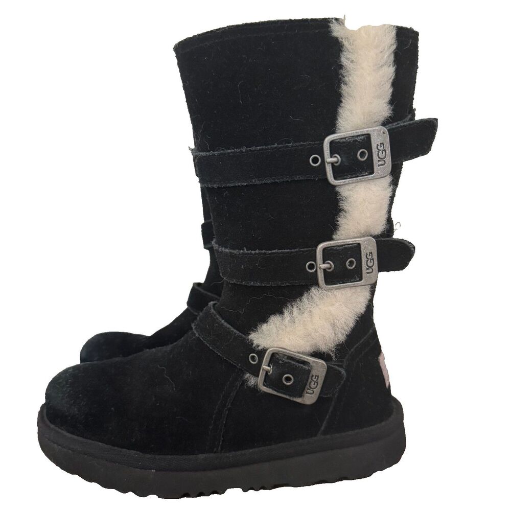 UGG Black Triple Buckle Sheepskin Tall Boots Girls 13 Kids Winter Boots